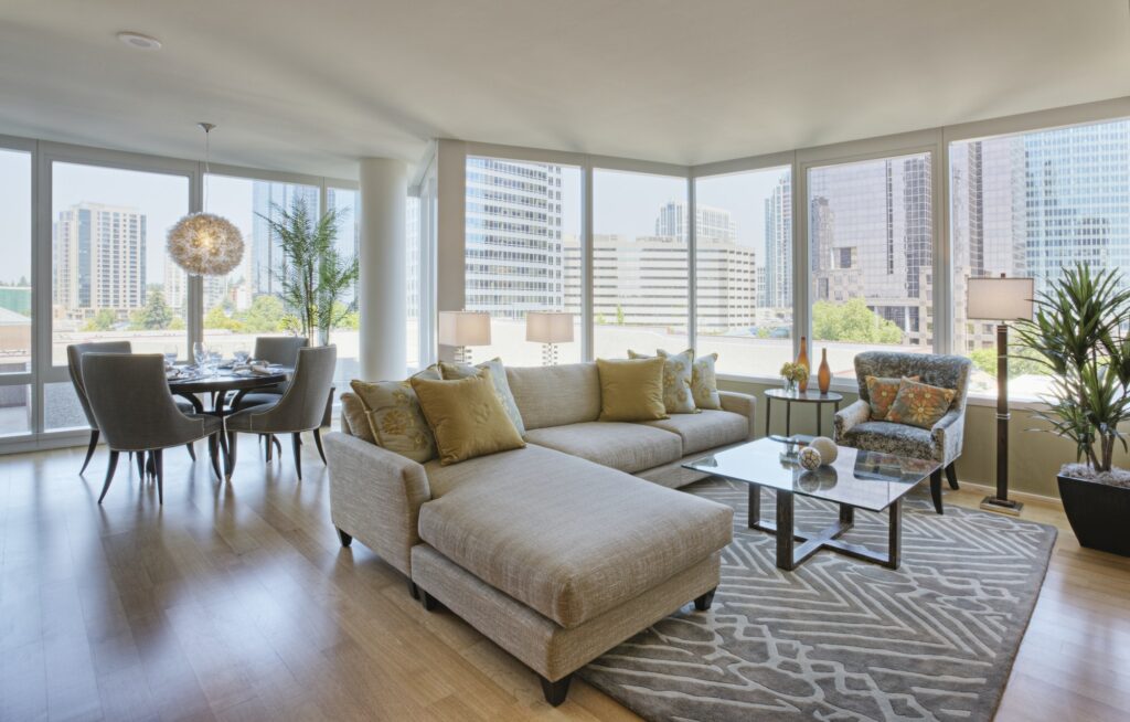 Living room and dining room in luxury highrise apartment